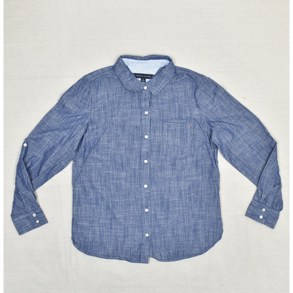 Tommy Hilfiger Women Button Up Top Long Sleeve Solid 100% Cotton Blue Size M - Picture 1 of 8